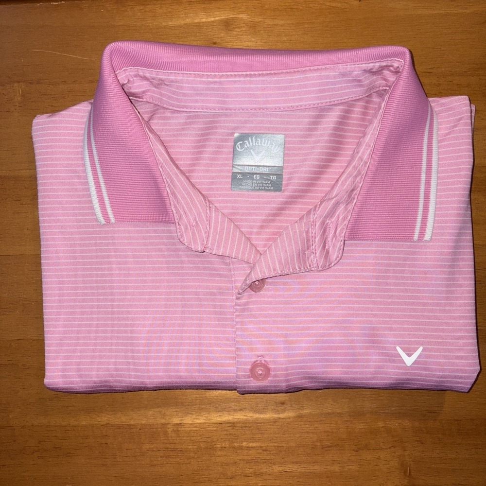 Callaway Opti-Dry Polo - Pink with White Stripes - Pink Buttons - Men's XL